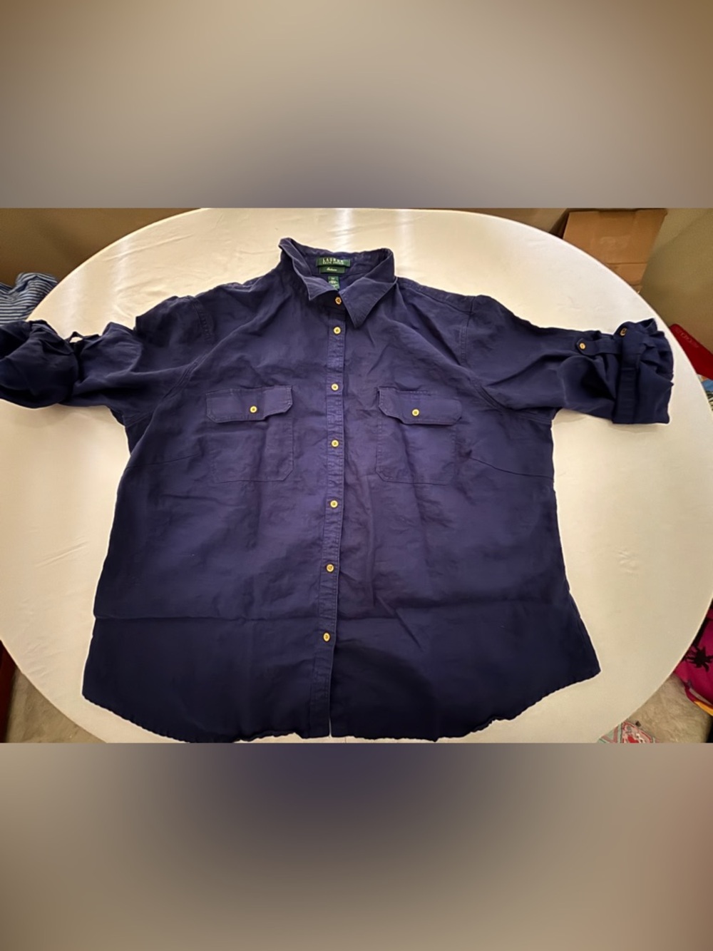 Lauren Ralph Lauren 100% Linen Navy Button-Up Utility Shirt Women’s 3X or XXXL - Picture 4 of 11